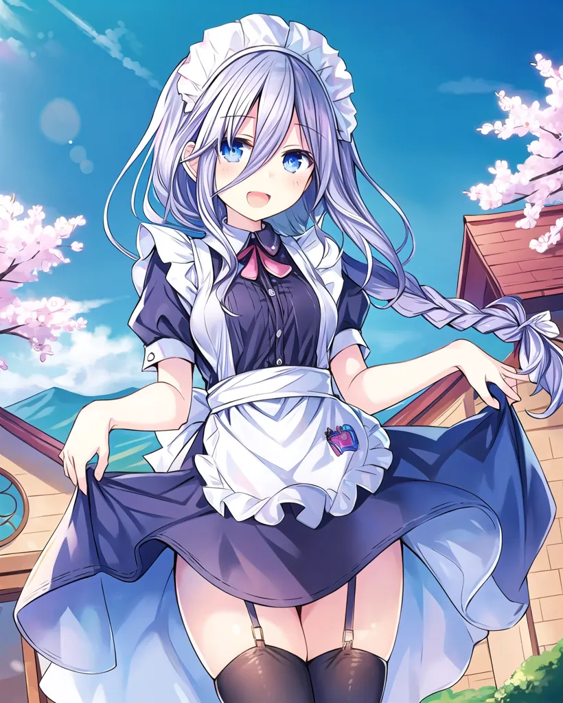 The image is of a young girl with long silver hair and blue eyes. She is wearing a maid outfit with a white apron and a blue dress. The dress has a white collar and a white bow on the chest. She is also wearing black stockings and black shoes. The girl is standing in front of a house, and there are cherry blossoms falling around her. The background is a blue sky with white clouds. The girl is smiling and has her arms outstretched.