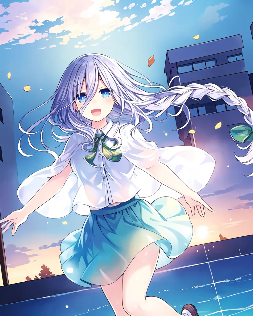 A young girl with long silver hair and blue eyes is standing on a rooftop. She is wearing a white blouse, a blue skirt, and a green ribbon around her neck. The girl is smiling and has her arms outstretched. The background is a cityscape with tall buildings and a blue sky.