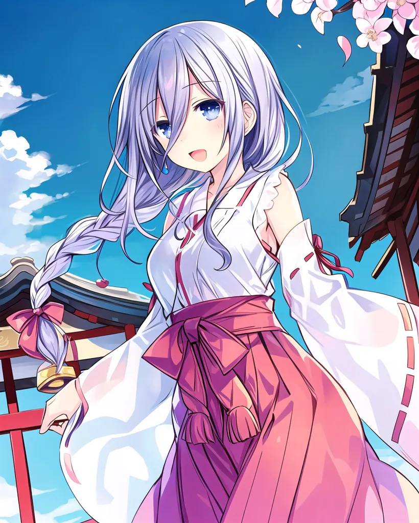 The image is of a young girl with long silver hair and blue eyes. She is wearing a white and pink kimono with a red obi. She is standing in front of a traditional Japanese gate, and there are cherry blossoms falling around her. The background is a light blue sky with white clouds. The girl has a gentle smile on her face, and she seems to be enjoying the scenery.