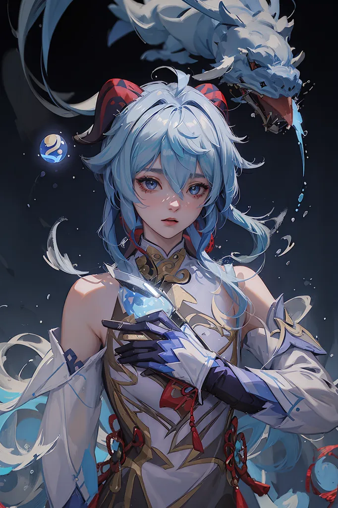 The picture shows a young woman with long blue hair and blue eyes. She is wearing a white and blue dress with a red ribbon in her hair. She is holding a small blue orb in her hands. There is a white and blue dragon behind her. The background is dark blue with a few splashes of water.