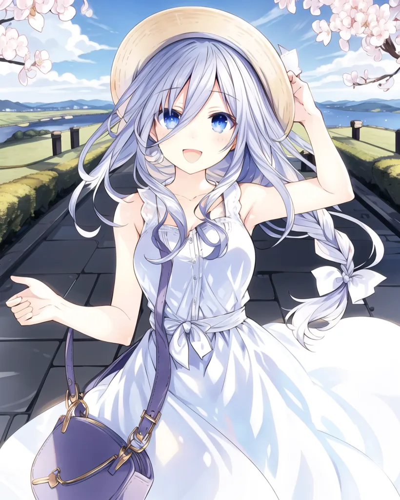 The image shows an anime girl with long silver hair and blue eyes. She is wearing a white dress with a blue ribbon. She is also wearing a straw hat and carrying a purple handbag. She is standing on a stone path, surrounded by cherry blossoms. In the background, there is a river and a forest. The sky is blue and there are some clouds. The overall tone of the image is happy and peaceful.