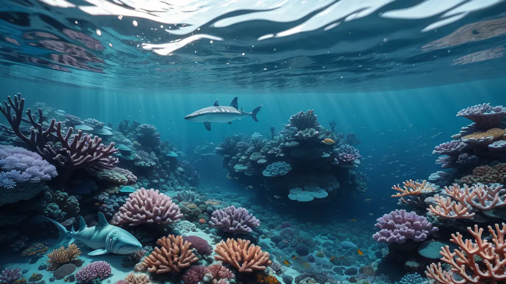 Ceci est une image d'un récif de corail. Le récif est rempli de coraux colorés et de poissons. Il y a deux requins qui nagent près du récif. L'eau est claire et bleue. Le soleil brille sur le récif, créant une scène magnifique.