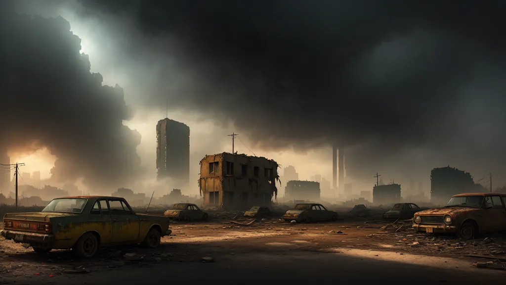 The image is a post-apocalyptic landscape. The sky is dark and cloudy, and the ground is covered in rubble. There are several abandoned cars, and the buildings are all in ruins. The scene is one of desolation and destruction.