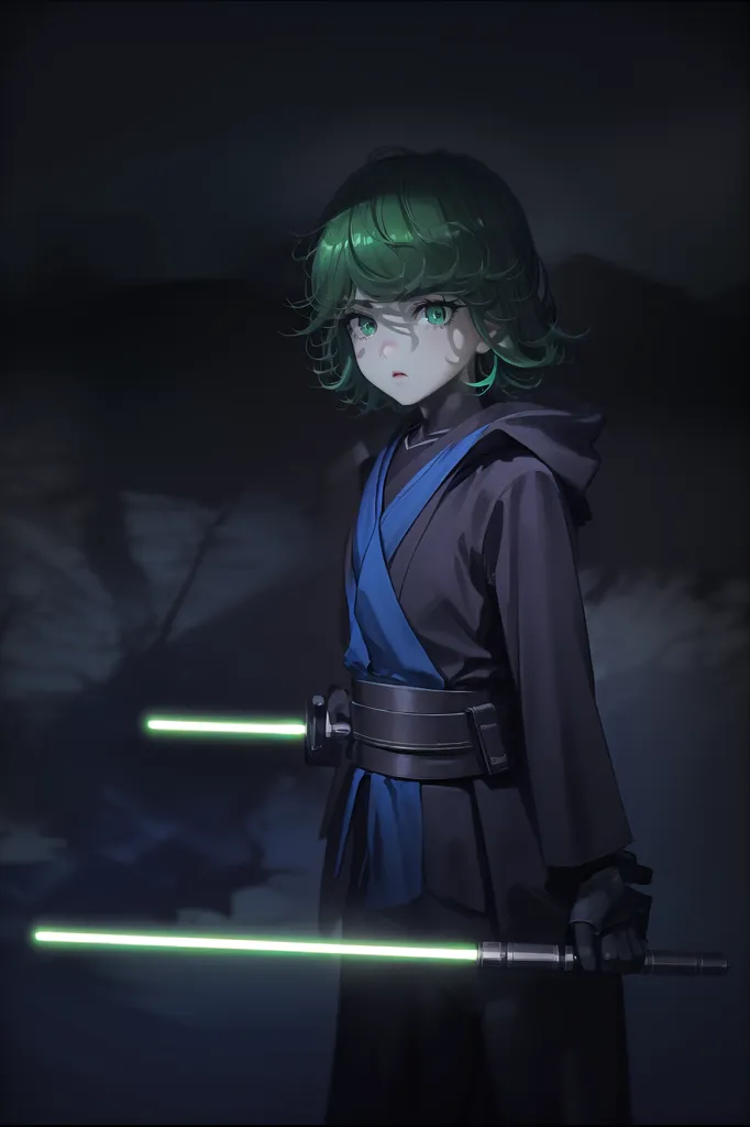 The image is of a young girl with green hair and eyes. She is wearing a black and blue outfit similar to a Jedi from Star Wars. She is also holding two green lightsabers. The background is dark with a hint of a landscape. The girl is looking at the viewer with a serious expression.