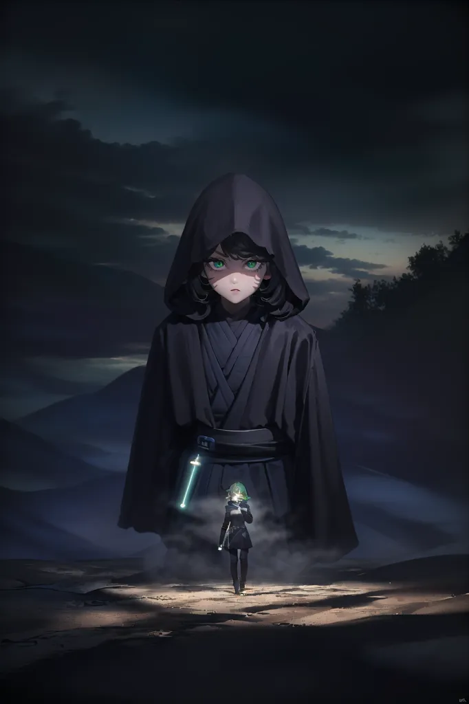 The image is of a young woman standing in front of a giant woman. The giant woman is wearing a black cloak and a green lightsaber is clipped to her belt. The young woman is also wearing a black cloak and is holding a green lightsaber. The background is a dark landscape with mountains in the distance.