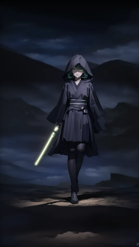 The image is of a woman in a black robe with a hood. The robe is tied with a brown belt. She is walking in a dark, mountainous landscape. The only light comes from her green lightsaber.