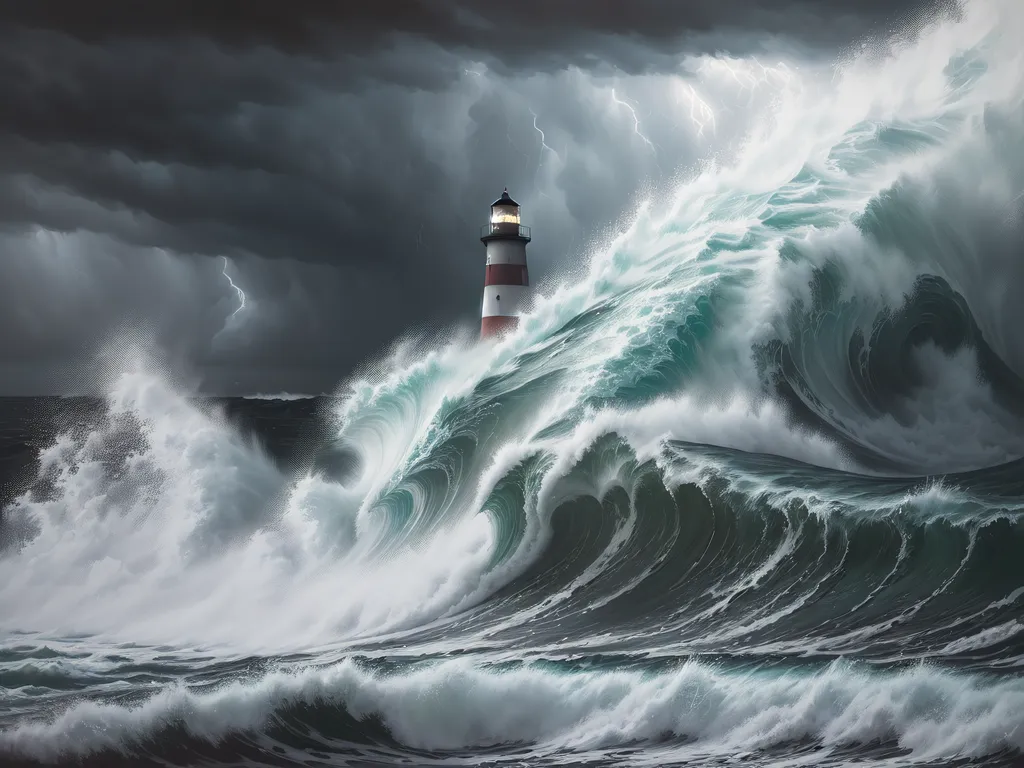 The image is a painting of a lighthouse in a stormy sea. The lighthouse is red and white, and it is located on a rocky cliff. The sea is rough, and the waves are crashing against the cliff. The sky is dark, and there are lightning bolts in the distance. The painting is done in a realistic style, and the details are very clear.