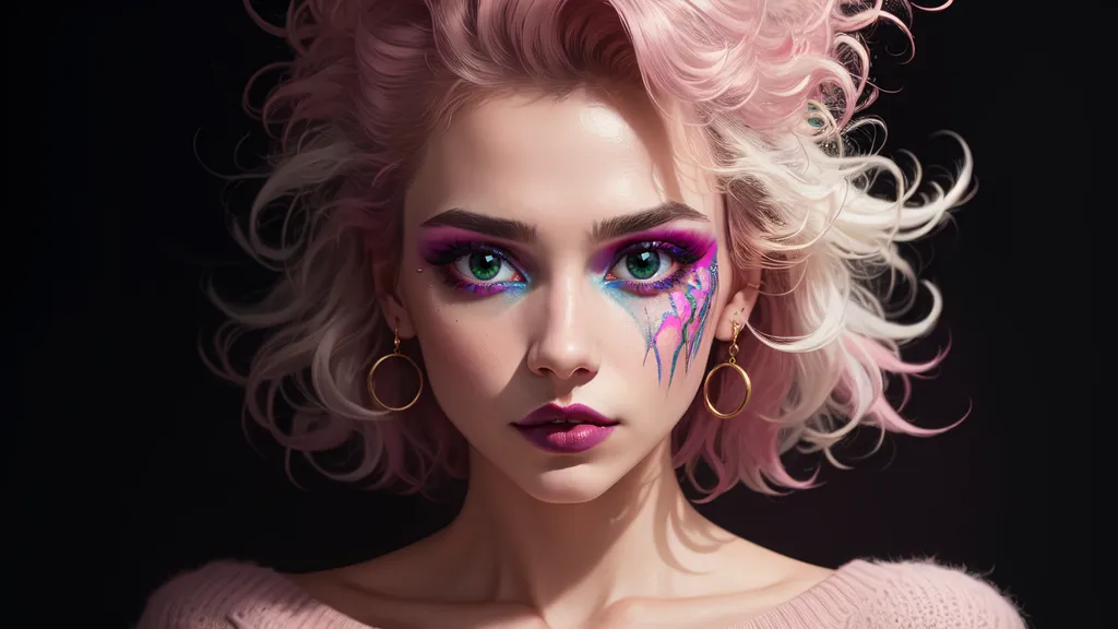 The image shows a young woman with pink hair and dark eyes. She is wearing a pink sweater and has a serious expression on her face. Her hair is styled in a way that it looks like it is blowing in the wind. The background is black and there are no other objects in the image.