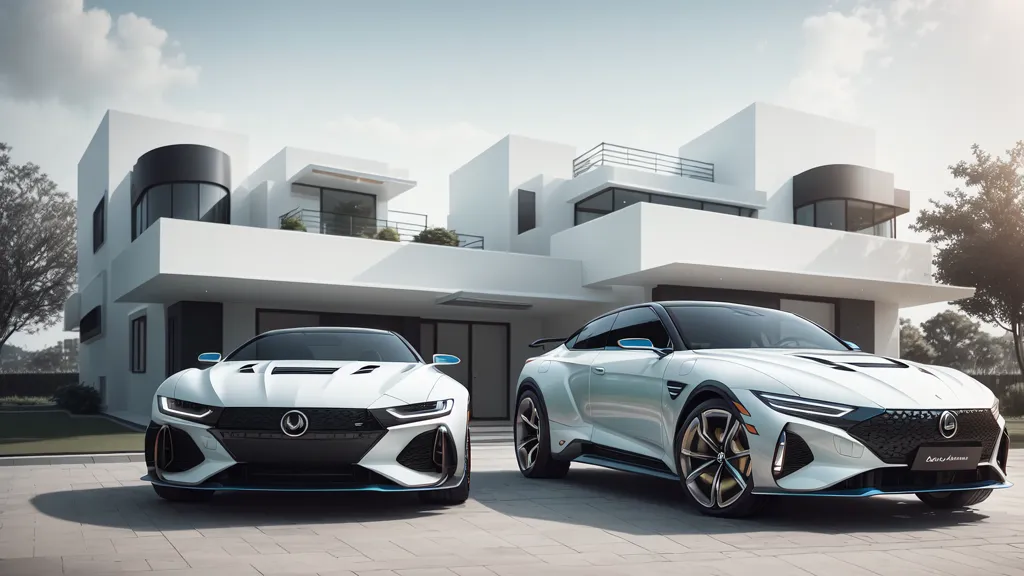 The image shows two white sports cars parked in front of a modern house. The cars are both sleek and futuristic, with blue accents. The house is also white and has a modern design, with large windows and a flat roof. The cars are parked on a concrete driveway, and there are trees and plants in the background. The sky is blue, and there are clouds in the distance. The image is rendered in a realistic style, and the cars and house are both detailed.