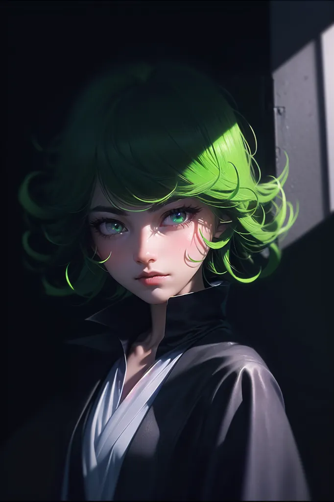 The image is a portrait of a young woman with green hair and eyes. She is wearing a black jacket with a white collar. The background is dark with a single light source on the right side of the image. The woman's expression is serious.