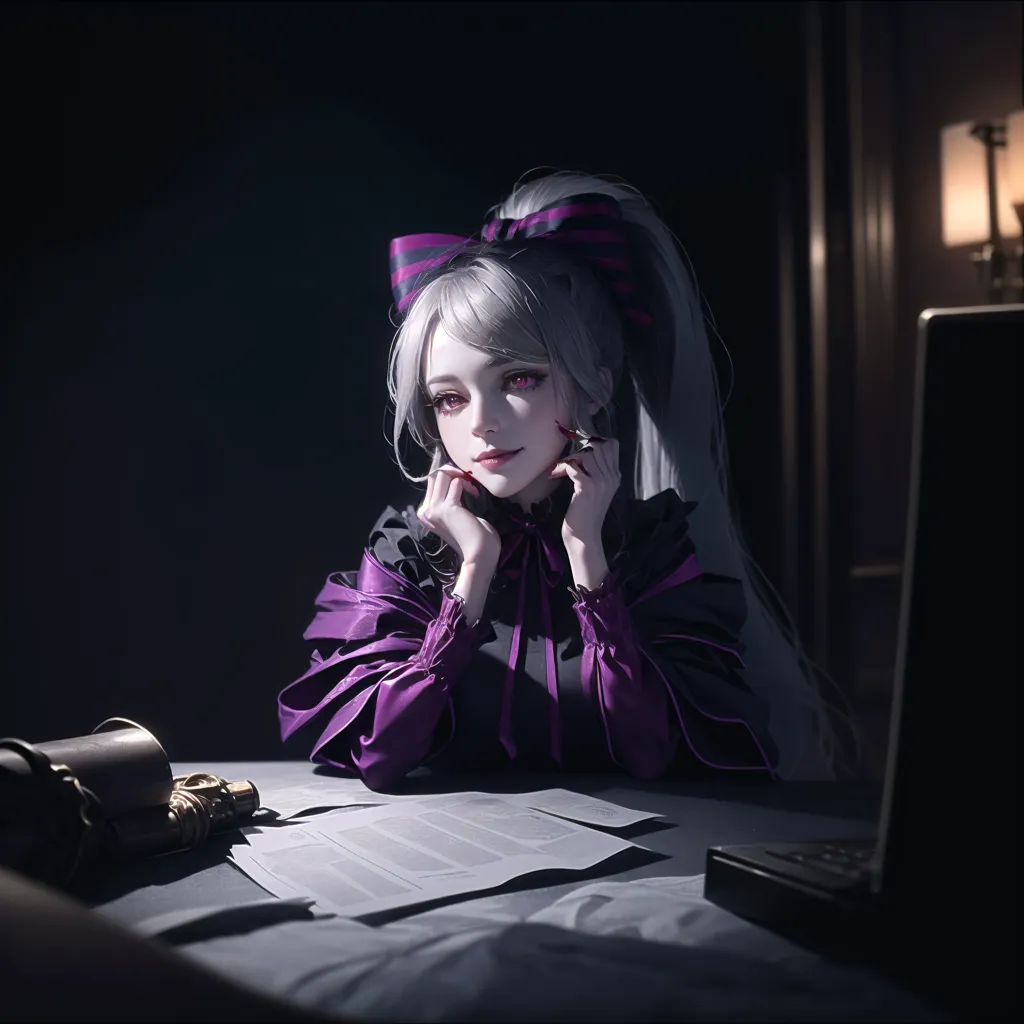 The image is a digital painting of a young woman with long white hair and purple eyes. She is wearing a purple dress with a white collar and a large purple bow in her hair. She is sitting at a desk, with a stack of papers in front of her. She has one hand resting on her chin and the other holding a pen. There is a lamp on the desk, and a window in the background. The overall tone of the image is dark and mysterious.