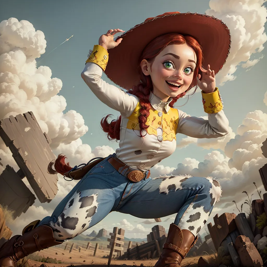 The image shows a young woman dressed as a cowgirl. She is wearing a red cowboy hat, a white shirt, blue jeans, and brown cowboy boots. She has long red hair and green eyes. She is smiling and has her arms in the air. She is standing in a western setting, with a wooden fence and mountains in the background.