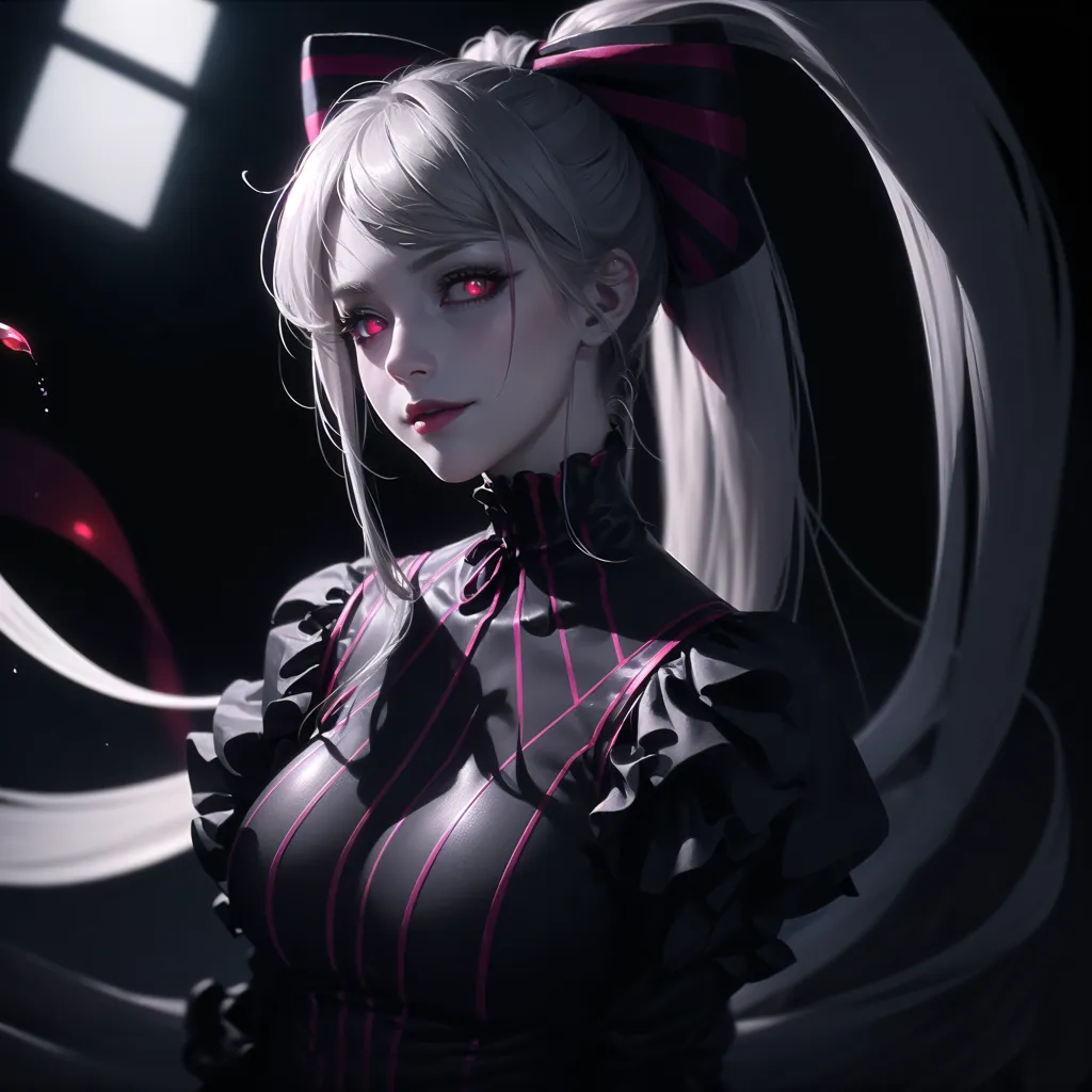 The image is a digital painting of a young woman with long white hair and red eyes. She is wearing a black and red dress with a large pink bow in her hair. She is standing in front of a dark background with a light shining on her from the left. The painting is done in a realistic style and the woman's expression is serious and intense.