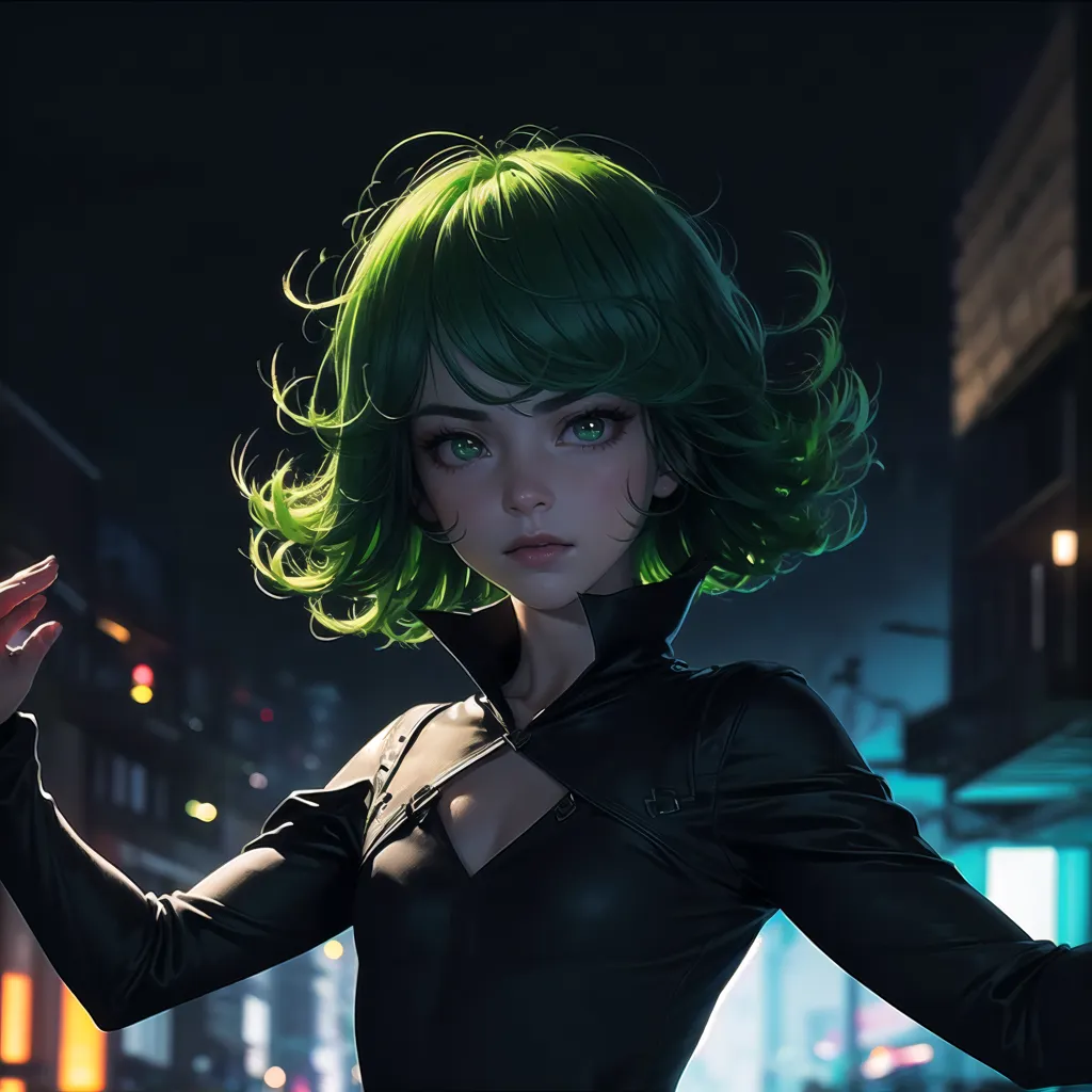 La imagen es un retrato de una mujer joven con el cabello y los ojos verdes. Lleva una chaqueta de cuero negro con un cuello alto. La chaqueta está abierta, mostrando un body negro debajo. Está de pie en una calle oscura de la ciudad, con las luces de la ciudad reflejadas en sus ojos. Su expresión es seria y decidida.