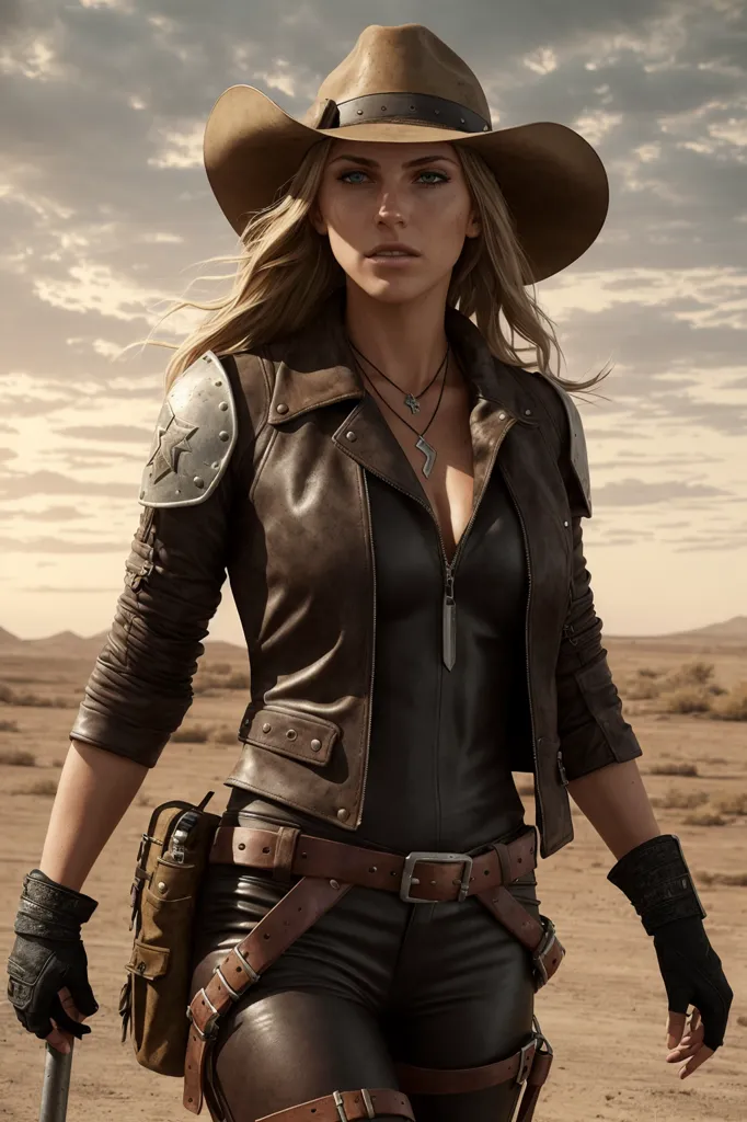 This is an image of a woman dressed in post-apocalyptic clothing. She is wearing a brown leather jacket, a cowboy hat, and black pants. She is also wearing a lot of belts and other accessories. She has a gun in her hand and is standing in a desert landscape. The sky is cloudy and there are mountains in the distance.