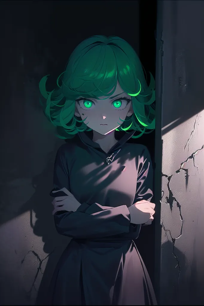 The image is of a young girl with green hair and eyes. She is wearing a black dress with a hood. The girl is standing in a dark room, with a cracked wall behind her. She has her arms crossed and is looking at the viewer with a serious expression.