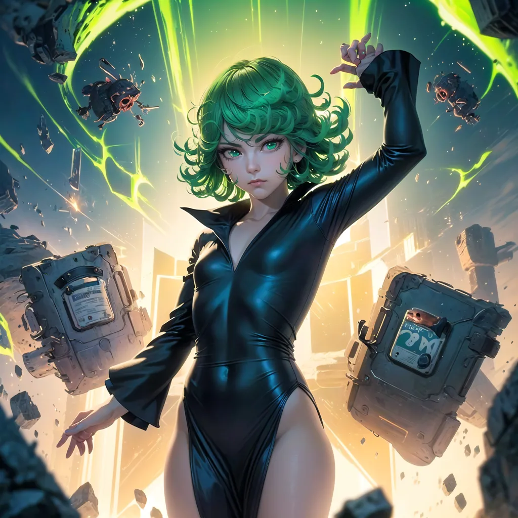 The image is of a young woman with green hair, green eyes, and a black bodysuit. She is standing in a fighting stance, with her left hand raised and her right hand at her side. She is surrounded by green energy and there are several robots in the background. The background is a bright yellow and green color.