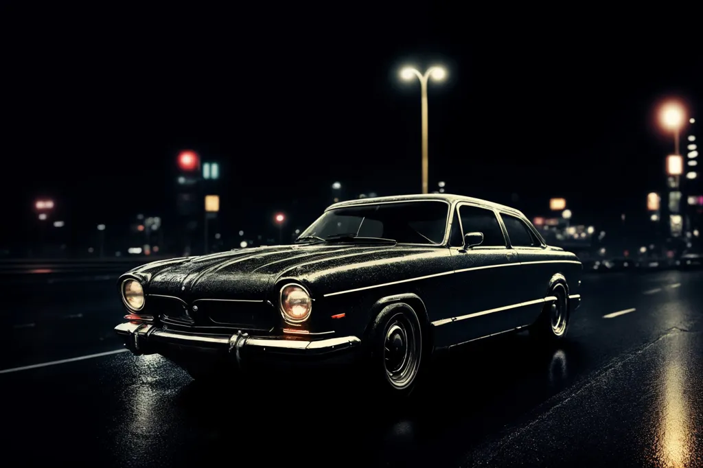 A black classic car is parked on a wet road at night. The headlights and tail lights of the car are on. The street is lit by streetlights. There are no people in the image. The car is a 1960s model. It has a long hood and a short trunk. The car is in good condition. The paint is shiny and the chrome is bright. The image is a still life. There is no movement in the image. The only sound is the sound of the rain.