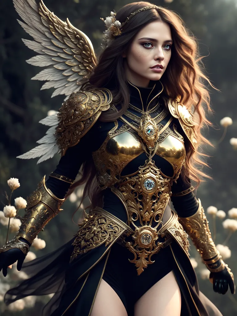 This image shows a beautiful angel with long, flowing brown hair. She is wearing a golden breastplate with a large blue gem in the center. She also has on a black bodysuit and black gloves. There are white and gold flowers in the foreground and she has white and gold wings.