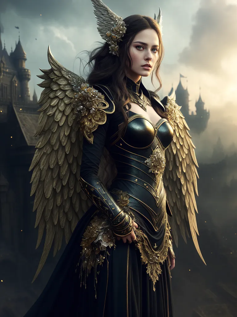 The image is of a beautiful woman with long brown hair and blue eyes. She is wearing a black and gold armor with a golden crown on her head and golden wings. The woman is standing in front of a castle and there are two towers in the background.