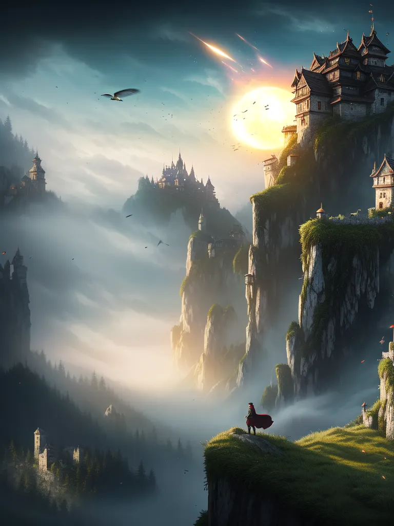 The image is a fantasy landscape. There are several castles on the tops of the cliffs. The cliffs are very high and the clouds are below them. There is a forest at the bottom of the cliffs. The sky is blue and there is a sun in the sky. There is a person standing on a cliff in the foreground. The person is wearing a red cloak. There are birds flying in the sky.