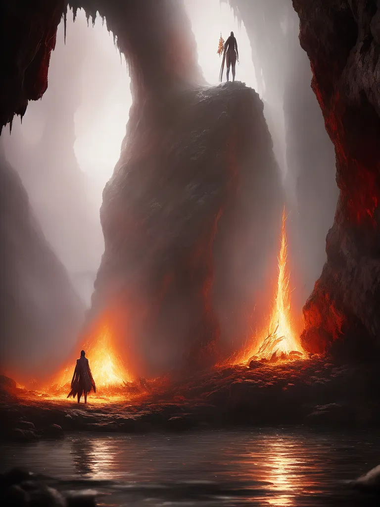 La imagen es una escena de fantasía oscura. Muestra una cámara subterránea cavernosa con un río de lava fluyendo a través de ella. Hay dos figuras en primer plano, ambas mujeres. La mujer de la izquierda está vestida de negro y tiene una espada en la mano. Está de pie en el borde del río de lava, mirando hacia arriba a la mujer de blanco, que está de pie sobre una roca en medio del río. La mujer de blanco está sosteniendo un bastón. El fondo de la imagen es una pared rocosa oscura.