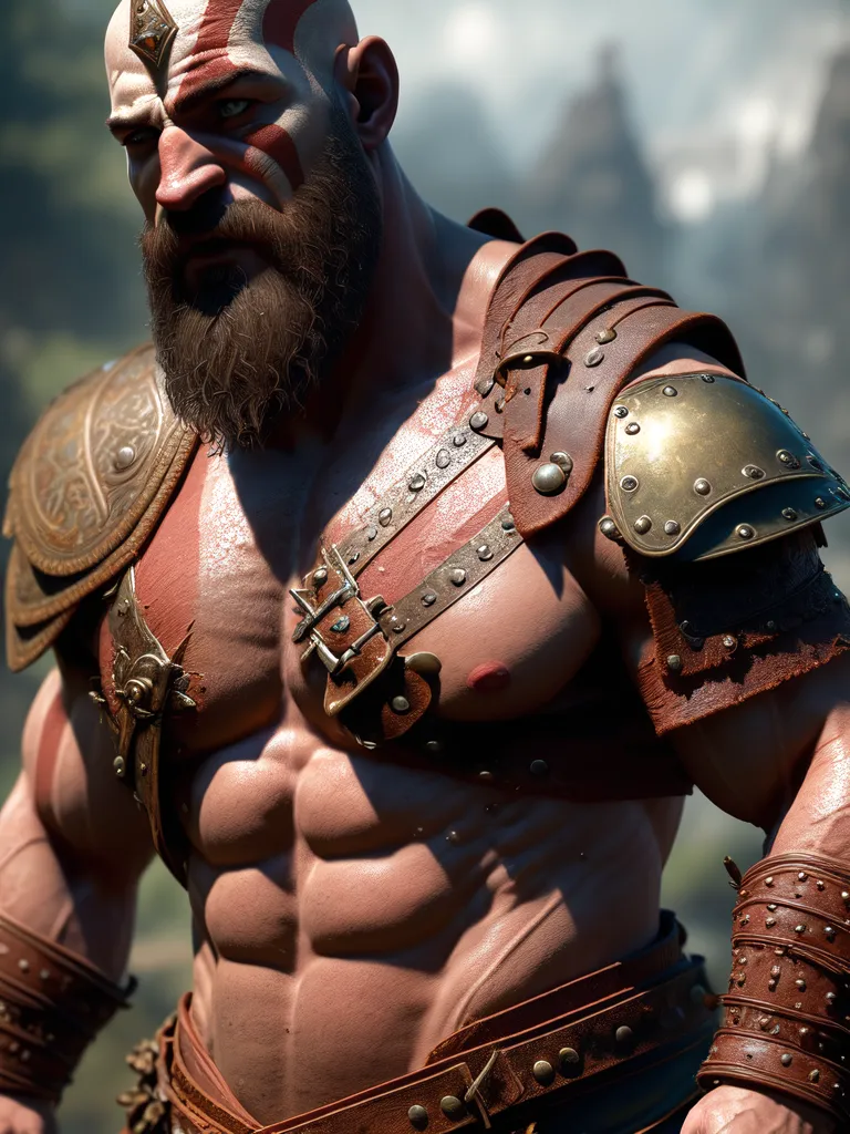 The image shows a man with a beard and a muscular build. He is wearing a brown leather vest with metal shoulder pads and a belt with a large buckle. He also has a tattoo on his right arm. The man's face is stern and he is looking to the left of the frame. He is standing in a rocky, mountainous landscape.