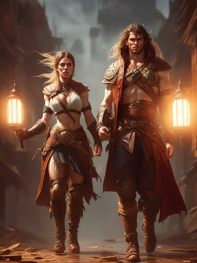 This is an image of a man and a woman walking through a destroyed city. The man is holding a lantern in his left hand and the woman is holding a lantern in her right hand. They are both wearing tattered clothes and the man has a sword on his back. The woman has a dagger on her hip. They are both looking straight ahead. The background is a ruined city with large buildings and a lot of debris. The sky is dark and cloudy.