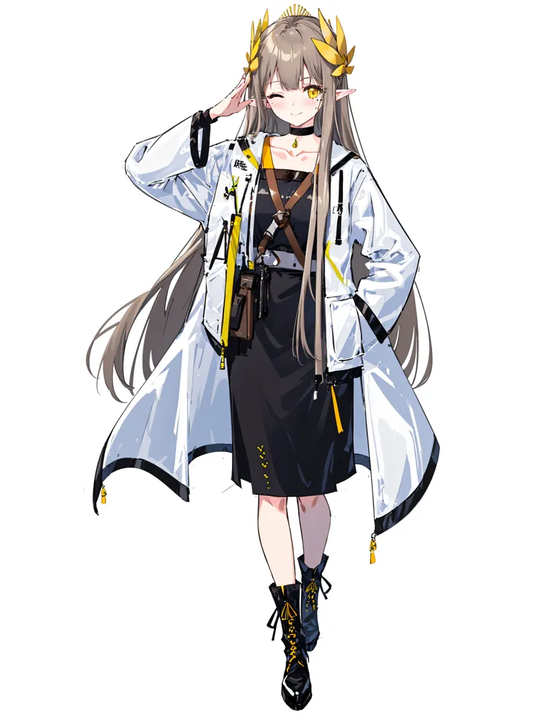 The image shows an anime-style girl with long brown hair and yellow eyes. She is wearing a white coat with yellow and black details, a black dress, and black boots. She has a yellow crown on her head and a yellow belt around her waist. She is also wearing a brown bag on her right side. The girl is standing in a relaxed pose with a smile on her face and winking her right eye.