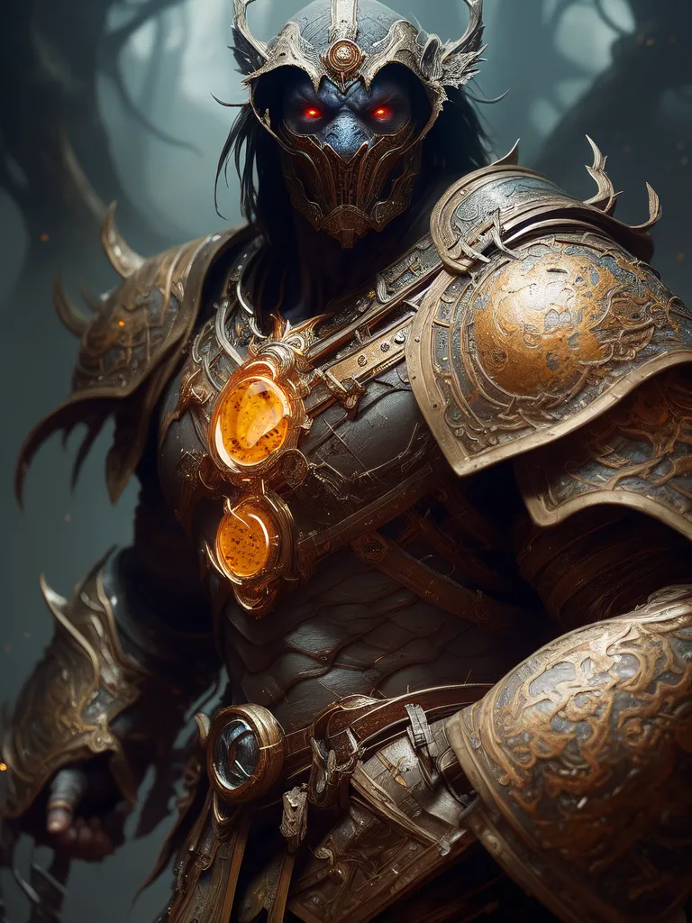 The image is of a tall, muscular man wearing a suit of black and gold armor. He has long, black hair and red eyes, and his face is obscured by a helmet with a visor. The armor is made of metal plates and has several gems embedded in it. The man is standing in a dark forest, and there is a fire burning in the background.