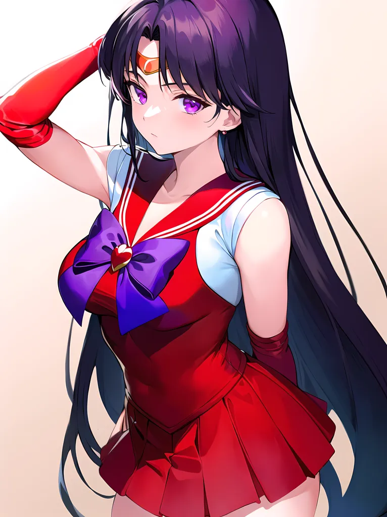 The image is of a young woman with long purple hair and purple eyes. She is wearing a red and white sailor-style outfit with a purple bow in the front. She is also wearing red gloves and there is a crescent moon on her forehead. She has a serious expression on her face and is looking to the side.