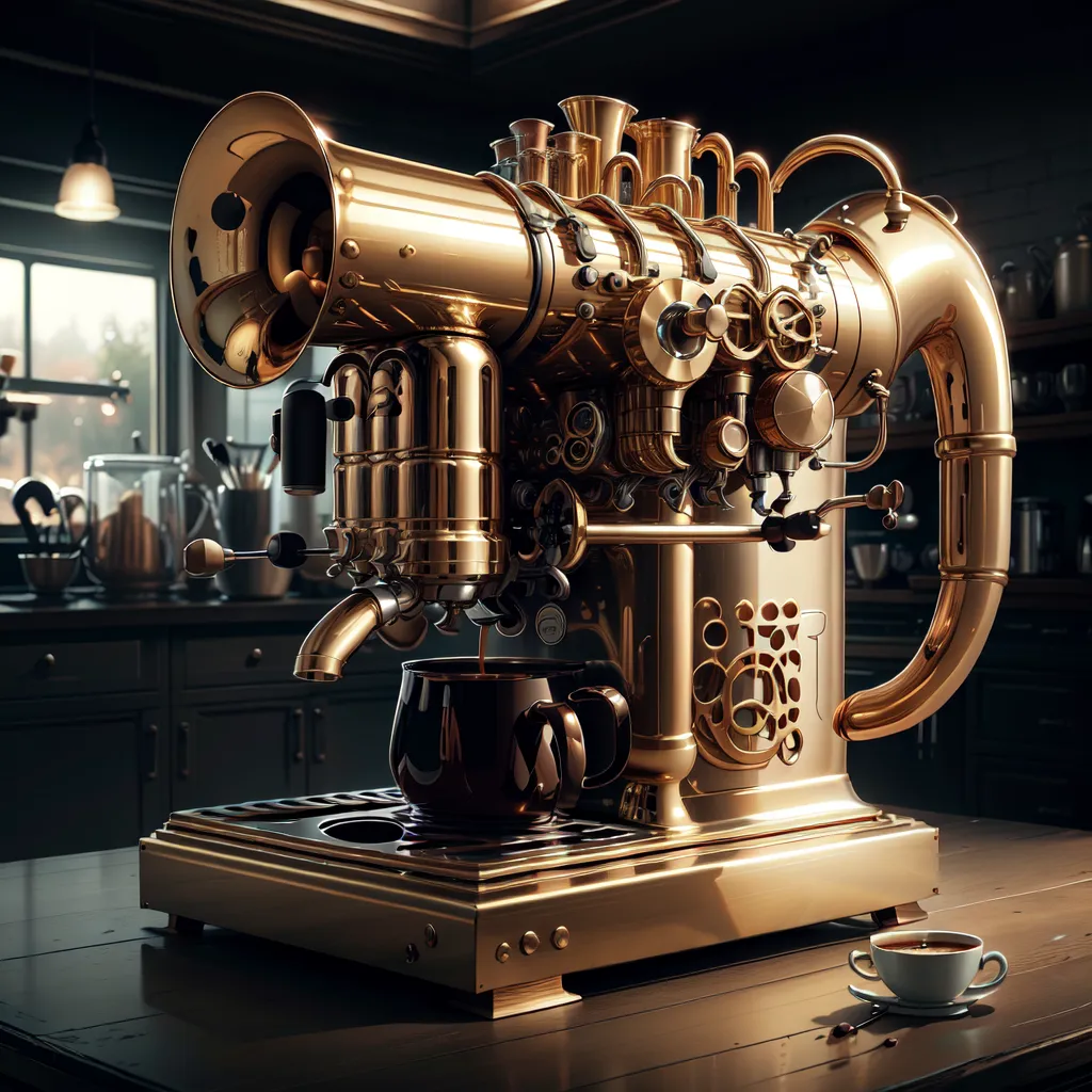 The image shows a steampunk-style coffee machine made of brass. It is placed on a wooden table in a dark room. The machine has a large hopper on top for coffee beans, a boiler in the middle, and a group head on the front for brewing coffee. There is a small cup under the group head, and a larger cup on the right side of the machine.