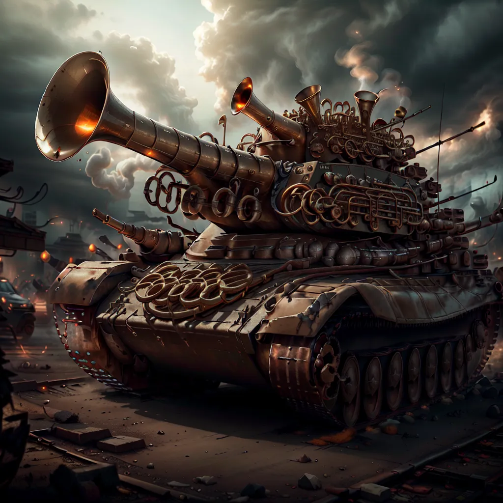 The image shows a steampunk tank. It is a large, armored vehicle that is powered by steam. The tank has a large cannon on the front and several smaller cannons on the sides. It is also equipped with a variety of musical instruments, including trumpets, trombones, and drums. The tank is surrounded by smoke and debris, and there are several destroyed buildings in the background.