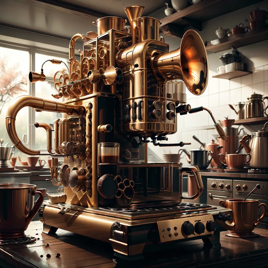 The image shows a steampunk-style coffee machine made of copper and brass. It is a large and complex machine with many gears, pipes, and tubes. It is sitting on a wooden table in a kitchen. There are two cups of coffee on the table. There are shelves on the walls behind the machine with various coffee-making implements on them.