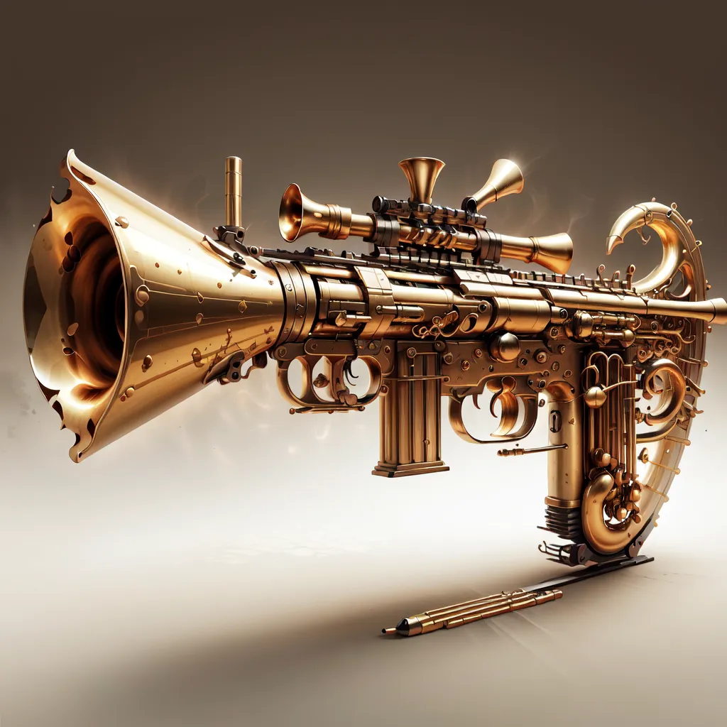 The image is a rendering of a steampunk gun. It is made of brass and has a large bell-shaped muzzle. The gun is also decorated with various gears and filigree.