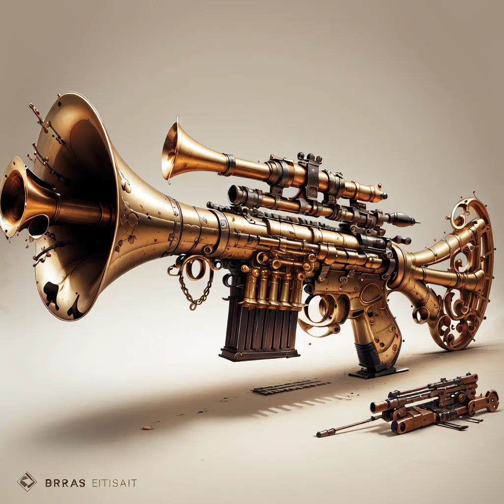 La imagen es un rifle de estilo steampunk. Está hecho de latón y tiene una campana grande. El rifle también está decorado con varios grabados y fil