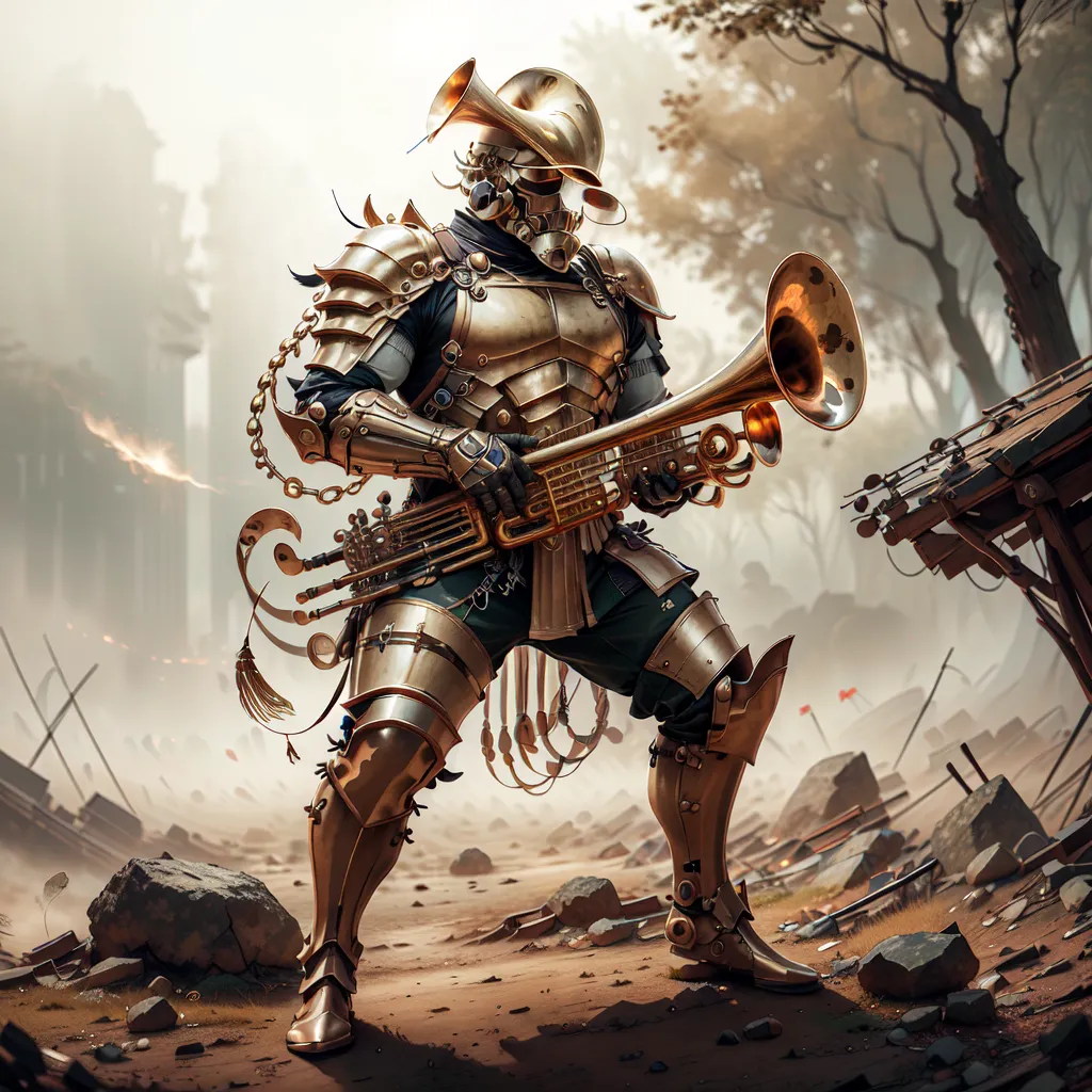 The image shows a warrior wearing golden armor and a helmet with two horns. The warrior is playing a tuba. He is standing in a ruined city. There are ruins of buildings and trees in the background. The sky is cloudy.