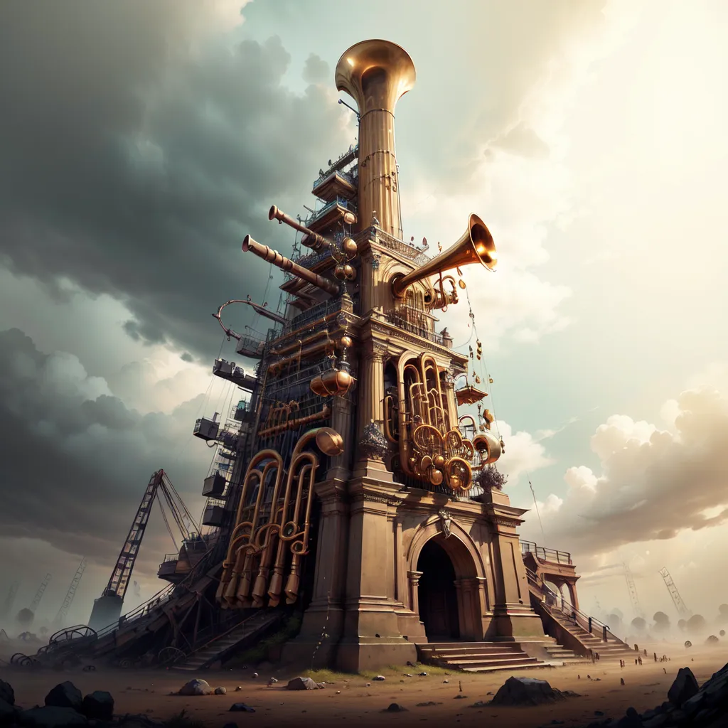 The image is a steampunk tower. It is made of brass and has the shape of a trumpet. There are several smaller trumpets and other musical instruments attached to the tower. The tower is surrounded by a fence. There are clouds in the background.