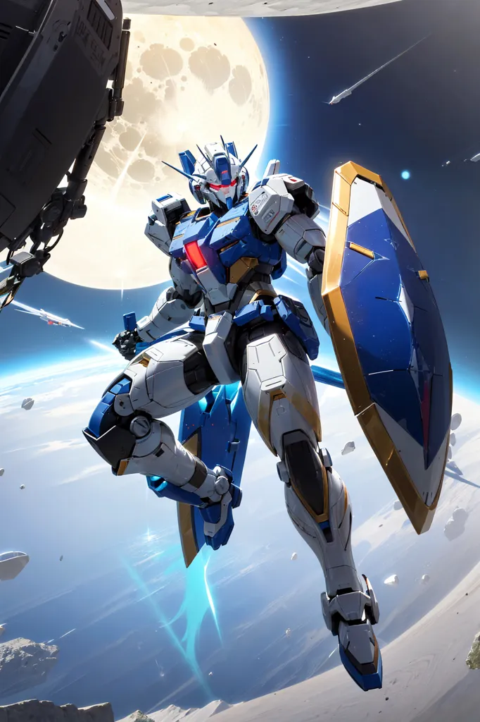 A imagem é uma pintura de um robô Gundam azul e branco. O robô está em uma posição de luta, com a perna esquerda levantada e o braço direito estendido, com um escudo no braço esquerdo. O robô está cercado por fumaça e destroços, e há uma grande lua ao fundo. A pintura é feita em um estilo realista, e o robô é retratado com grande detalhamento.