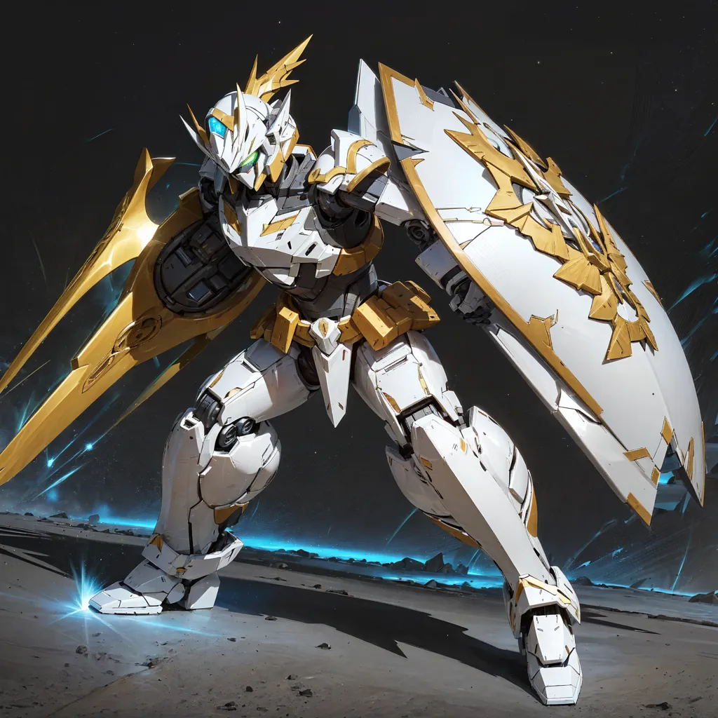 The image is a illustration of a giant robot. The robot is white and gold, with a large shield and a sword. It is standing in a rocky field, with a dark sky in the background. The robot is very detailed, with a lot of mechanical parts and hydraulics visible. It is also very dynamic, with its arms and legs spread wide.