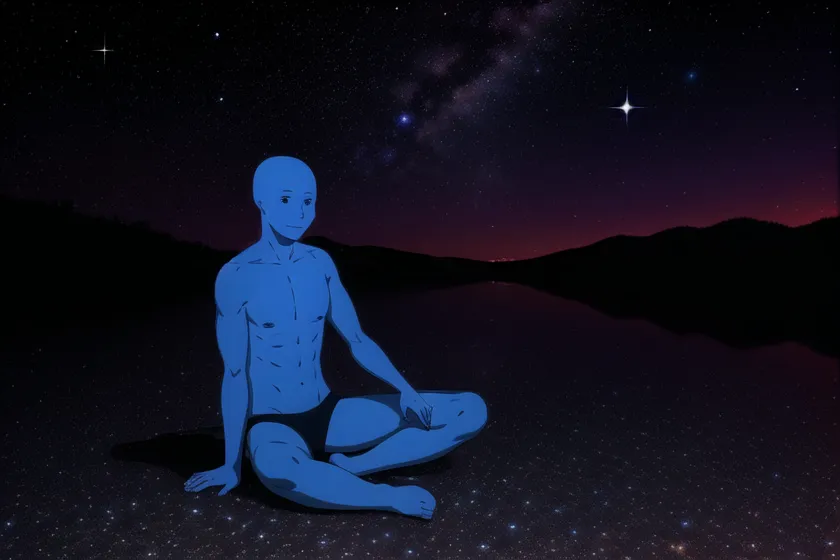 This is an image of a blue man sitting on a starry beach. The man is bald and muscular, and he is wearing only a pair of blue shorts. He is sitting cross-legged, and his hands are resting on his knees. The night sky is full of stars, and there is a bright moon in the distance. The water is calm, and it reflects the stars and the moon. The image is peaceful and serene.