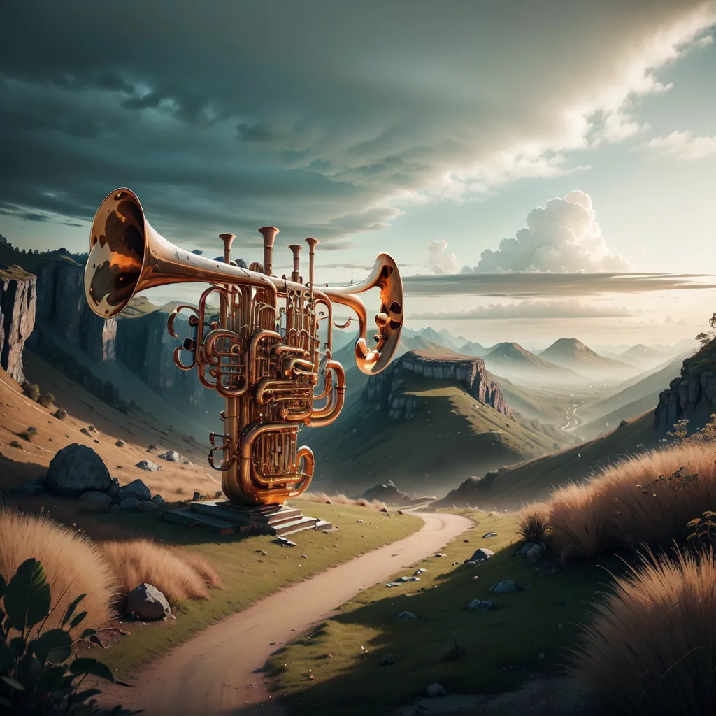 The image is a surreal landscape with a large, golden trumpet sitting in the middle of a valley. The trumpet is surrounded by tall grass and mountains in the background. The sky is blue and cloudy.