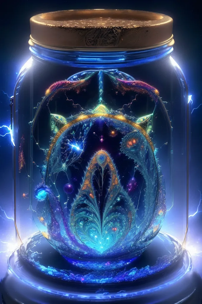 The image is a digital painting of a jar that contains a glowing blue and green energy source. The energy source is surrounded by a golden frame and is connected to the jar's lid by a series of blue and green lightning bolts. The jar is sitting on a blue table and there is a dark blue background with a subtle light blue glow around the jar.