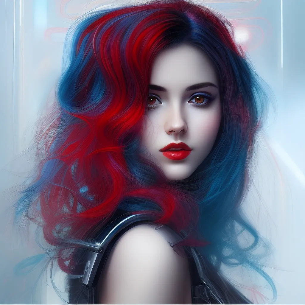 Esta es una imagen de una mujer con el cabello largo de color rojo y azul. Su ojo derecho es azul y su ojo izquierdo es marrón. Lleva puesto un chaleco negro y tiene una expresión seria en su rostro. Está de pie frente a un fondo blanco con una luz azul a su derecha.