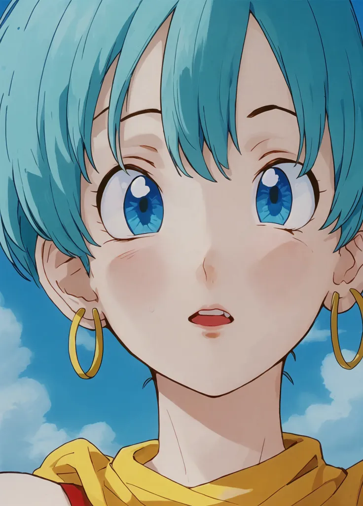 The picture shows a young woman with blue hair and blue eyes. She is wearing a yellow shirt and has a surprised expression on her face. She is looking up and to the left of the frame. The background is a light blue sky with white clouds.