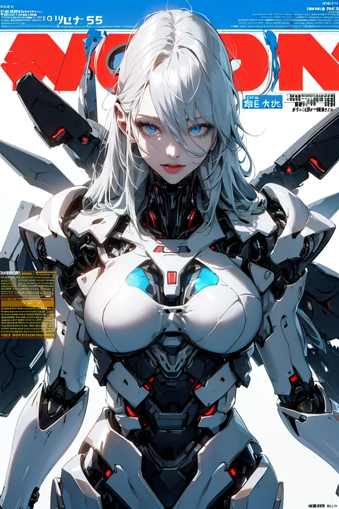 The image is a painting of a beautiful anime girl with long white hair and blue eyes. She is wearing a white and gray bodysuit with a lot of technological detailing. She has a serious expression on her face. The background is white with some blue and gray accents.