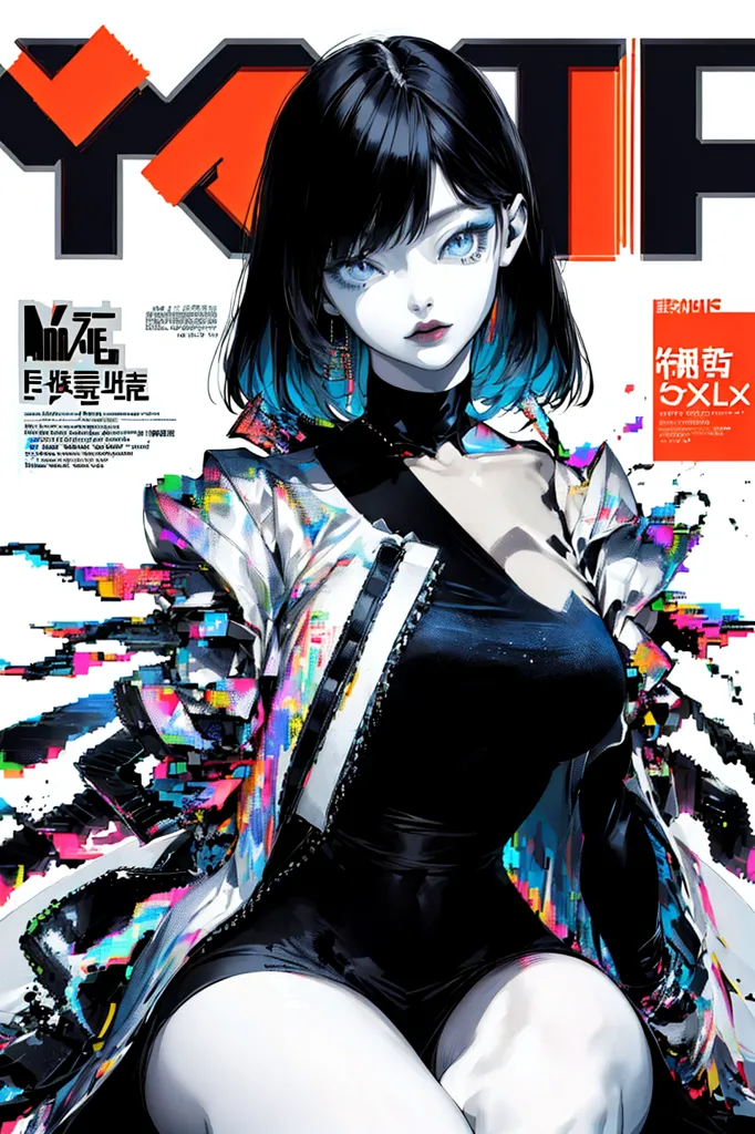 The image is a portrait of a young woman with blue hair and eyes. She is wearing a black bodysuit with a colorful jacket. The background is white with a glitch effect. The woman's expression is serious.