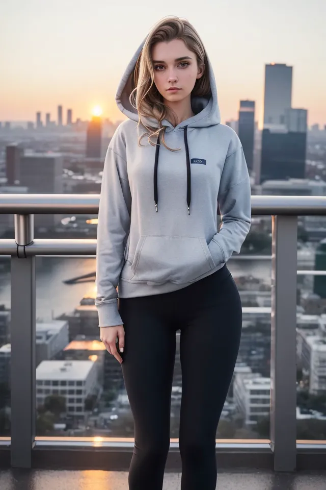 The image shows a young woman wearing a gray hoodie and black leggings. She is standing on a rooftop, with a cityscape in the background. The sun is setting, and the sky is a golden orange color. The woman is looking at the view, with a pensive expression on her face. She has long, dirty blonde hair and blue eyes. She is wearing a light gray hoodie with a black drawstring. The hoodie has a small black logo on the chest. She is also wearing black leggings that are high-waisted and have a seam down the side of the leg. The woman is standing with her feet shoulder-width apart, and her hands are in her pockets.