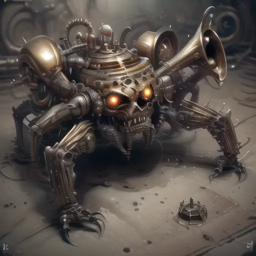 The image is a steampunk spider-like robot. It has a skull for a head and four horns for legs. The horns are made of brass and have a steampunk design. The robot also has a number of other steampunk accessories, such as gears, rivets, and pipes. The background of the image is a dark and dirty factory. The robot is standing on a metal floor, and there is a large metal door behind it. The image is lit by a single light bulb, which is hanging from the