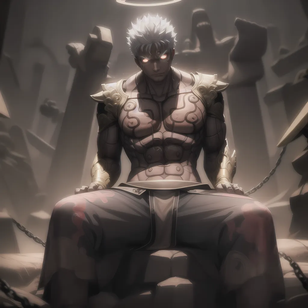 The image is of a muscular man with white hair and red eyes. He is wearing a loincloth and has a halo above his head. He is sitting on a throne made of stone, and there are chains around his wrists and ankles. In the background, there are large stone pillars.